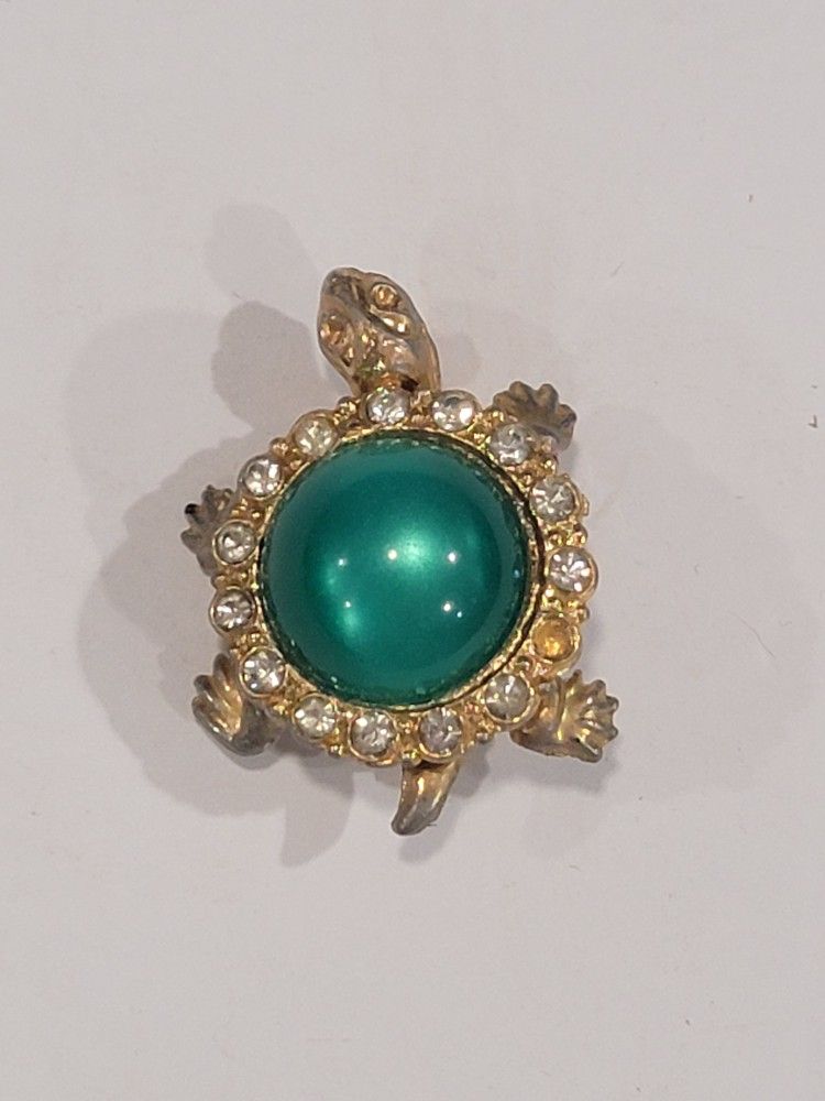 Vintage Modernist Deco Gold Tone Jeweled Turtle Brooch Pin