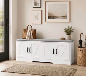 43-Inch Large-Capacity Shoe-Changing Bench, Storage Ottoman, And Long Bench with Four Barn Doors, Designed for Heavy-Duty Storage. Suitable for Entryw