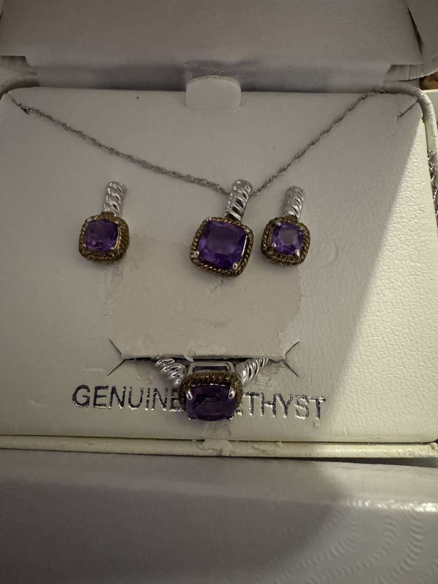 Genuine Amethyst Ring/Ear Rings/Necklace Set New & February Birthstone