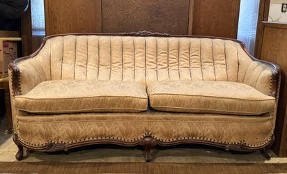 1950's French Louis XV Carved Wood Channel-Back Sofa w/ Gold Damask Upholstery