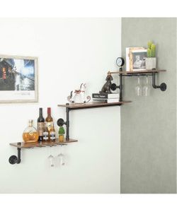 Wine Rack Wall Mounted Corner 3 Tier, Hanging Floating Small Mini Bar Liquor Shelves with Glass Holder Storage Unde