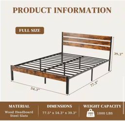New Open Box FULL SIZE Rust Brown Wood & Black Metal  Frame Platform Bed Frame w Headboard and and Footboard