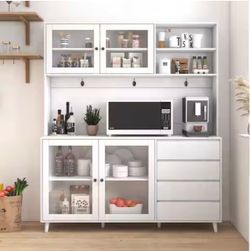 White Kitchen Pantry Cabinet with Glass Doors