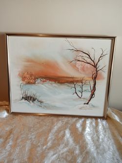 OIL PAINTING ON CANVAS SIGNED GOLD TONE METAL FRAME 20" X 16.5" EXCELLENT PRE-OWNED CONDITION 