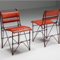Mid-Century Modern French Cognac Leather Steel Frame Dining Chairs, 1950s, Qty 4 