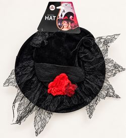 Black Lace Witch Hat with Red Roses Halloween Costume Gothic Adult 14+