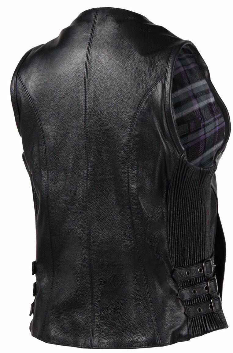 Street Steel Women's Black Leather Motorcycle Buckle Vest