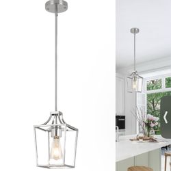 Brushed Nickel Lantern Pendant Light Fixture Pendant Lights for Kitchen Island with Metal Cage Shade, Adjustable Height Rods Pendant Lighting