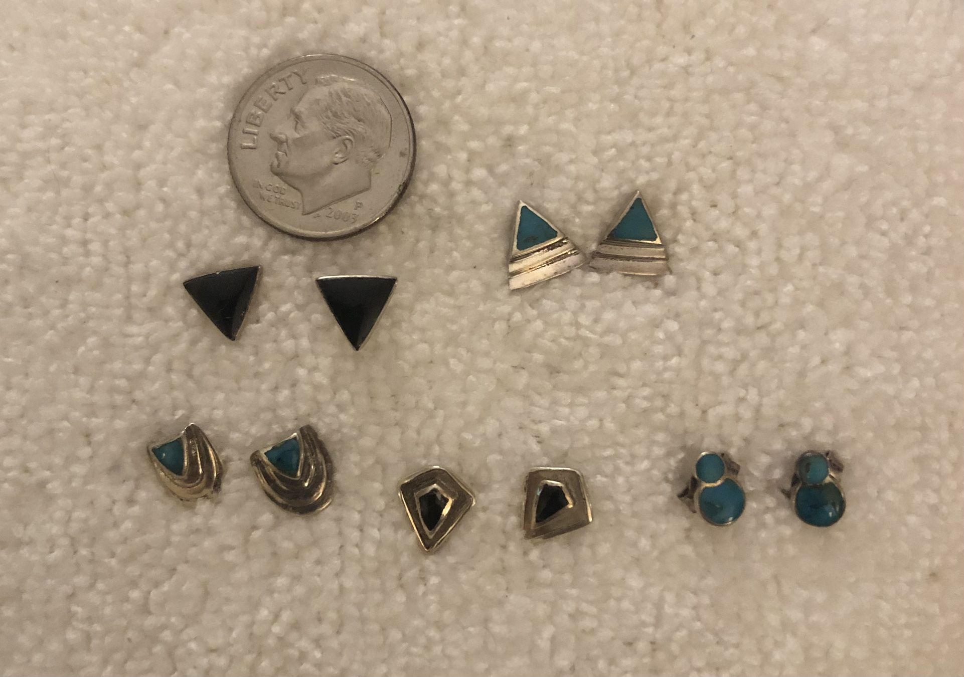 5 Small Sterling Silver Pairs Of Pierced Earrings-Turquoise-Black Onyx-I Don’t Clean My Silver-As Is-Posts May Be Bent But All Functional