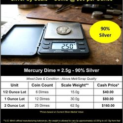 90% Silver Mercury Dimes - Price by Weight - $80/oz