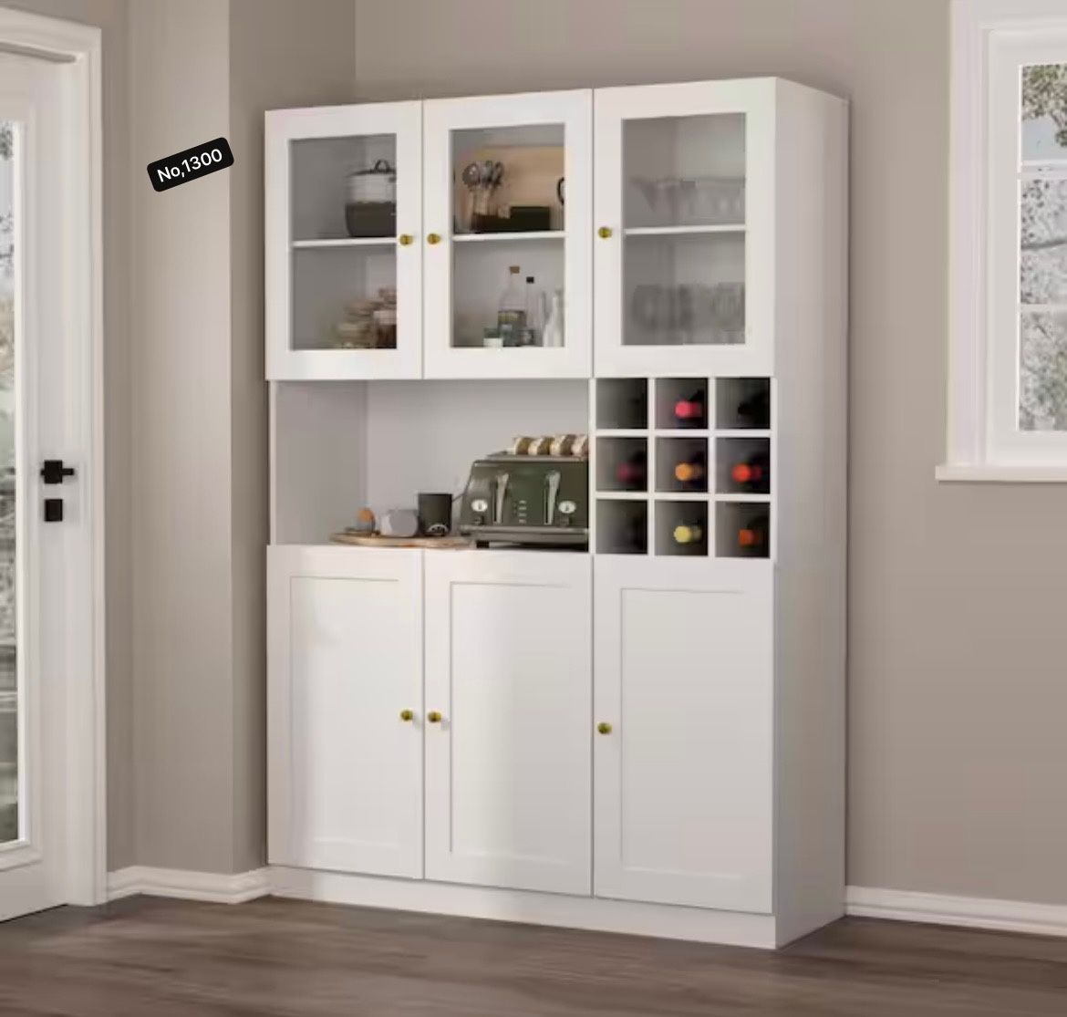 Large Kitchen Hutch Cabinet, Storage Pantry Cupboard with Acrylic Doors, Drawers, Wine Rack & Countertop, Kitchen Utility Buffet Storage, White 