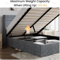 Full Size Lift Up Storage Bed/Modern Wingback Headboard/Upholstered Platform Bed Frame/Hydraulic Storage/No Box Spring Needed/Wood Slats Support/Grey