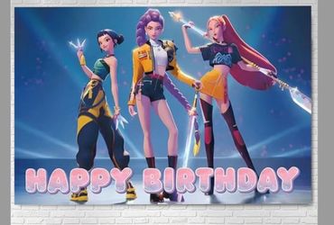 Kpop Demond Hunters Birthday Decoration Set, Including  1-Banner  1-Backdrops 16-Balloons 1- Cake Topper 12-Cupcake  30-stickers Suitable For Boys' An