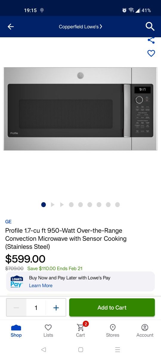 GE Profile 1.7cu ft 950-Watt Over the Range Convention Microwave with Sensor Cooking - New