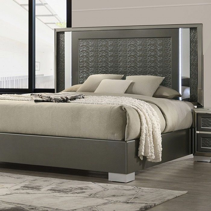 DARK GRAY QUEEN SIZE BED FRAME LED MIRROR HEADBOARD