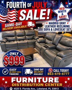Limited times sale. Madrid, gray leather reclining sofa and loveseat set only $999. Easy finance option. Same-day delivery.