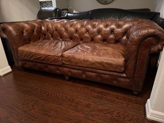 (It’s available) RH Restoration  Hardware 7’ Classic Chesterfield Leather Sofa – Vintage Cigar