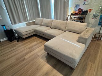 Large Beige Corduroy Sectional Sofa
