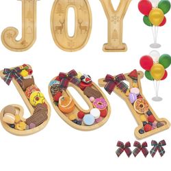new In Box! 3PCS Bamboo Christmas Decorations Letters Charcuterie Board Box-(with 14 Balloons and Bow) Joy Charcuterie Letters Fillable Food Christmas
