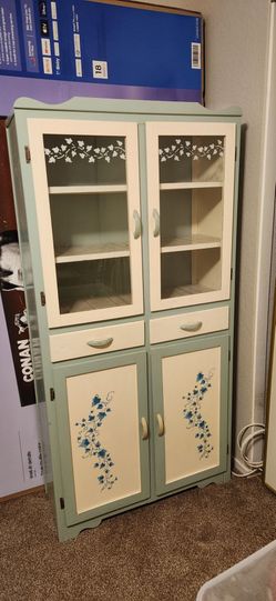 Vintage Painted Wood Cabinet with Glass Doors