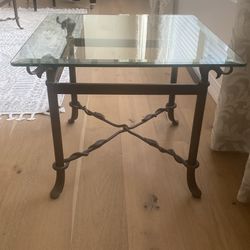 Matching Coffee Table And End Table. Glass And Wrought Iron.
