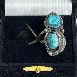 Navajo Sterling Silver & Turquoise "Two Stone Feather" Ring