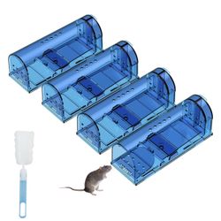 4 Pack Humane Mouse Traps No Kill, Catch and Release Live Mouse Trap Indoor for Home, Reusable Mice Trap Cage with Cleaning Brush(Blue)