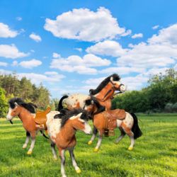 Vintage 1970s 4 Flocked Appaloosa Toy Horses Saddles & Bridles, 7.5” & 5.5”