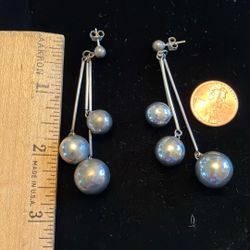 Vintage Silver Ball Sphere Drop Pierced Earrings 