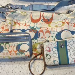 Coach Signature Butterfly Hobo Bag, Coach Chelsea Heritage Strip Wristlet, & Coach Optic Signature Butterfly Long Accordion Zip Wallet Wristlet