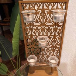 Tall, Golden Tone, Metal, And Glass Candle Holder