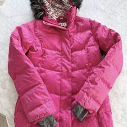 Women’s Roxy 10K Long Slim Fit Pink Hooded Faux Fur Ski Snowboarding Jacket Size XS