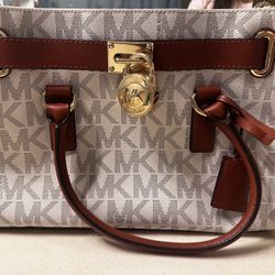 Michael Kors Hamilton  Vanilla/Luggage Logo PVC Satchel NWOT