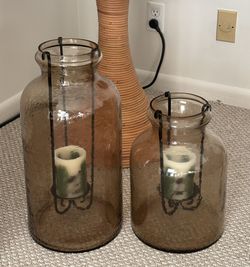 Set of Stylecraft Amber Seeded Glass Hurricane Candleholders with Flameless Candles 