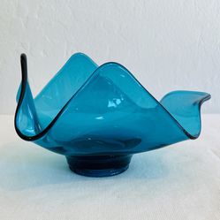Vintage Viking Glass Blue Bluenique Bon Bon Handkerchief Epic Bowl USA MCM Thumbnail