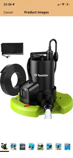 TaskStar 3035 GPH Automatic Pool Cover Pump with 23ft Hose Kit, 1/3 HP Submersible Water Pump with Anti-Clogging Filter Net & 3/4” Check Valve Adapter
