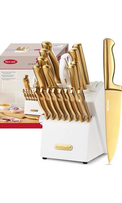 McCook® Kitchen Knife Sets, Golden Titanium Stainless Steel Knives Block Set with Built-in Sharpener, 20 Piece Knives, Restaurant Grade Sharp, Elegant