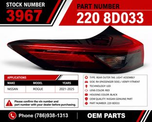 2021-2025 NISSAN ROGUE OEM REAR LEFT OUTER LED TAIL LIGHT. REAR DRIVER SIDE.