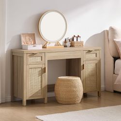 SICOTAS Rattan Vanity Home Office Desk - 52" Large Farmhouse Boho Makeup Vanity Dressing Table with 3 Drawers & 2 Storage Cabinets, Vanities Desk for 