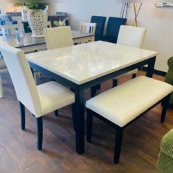 5 piece faux marble top dining table set ( table + 3 chairs + bench )