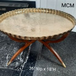 MCM Walnut Foldable Round Brass Top Cocktail Table / MCM Coffee Table / Fine Furniture 
