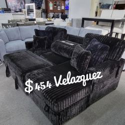 ✅️✅️2 pc Black fur like corduroy fabric sectional sofa with pop up sleep area and storage chaise drop down tray table USB ports✅️✅