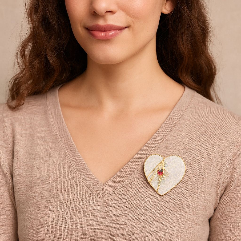 Vintage 1990s Handmade Mixed-Media Heart Pin Gold Purple Foil, 1.5”