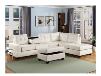 WHITE REVERSIBLE SECTIONAL SOFA WITH OTTOMAN AND CUPHOLDERS NEW