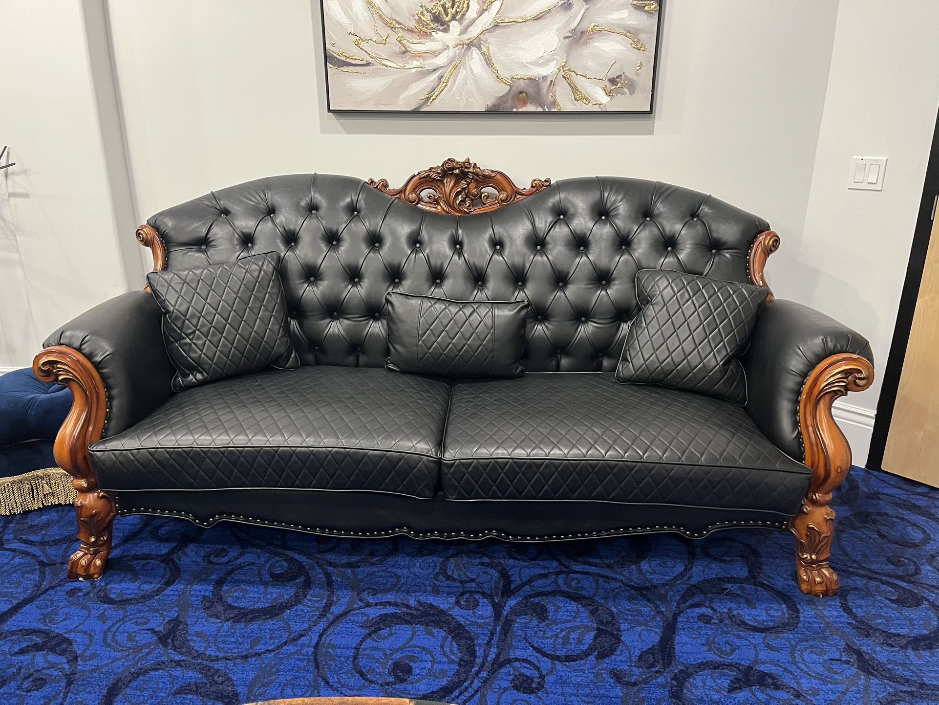Gorgeous Ornate Dresden Faux Leather Couch & Chair