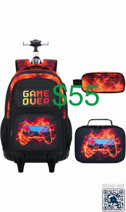3PCS Rolling Backpack for Boys, Cool Gamer Roller Backpack with Wheels, Kids Boy Wheeled Backpacks with Lunch Bag Pencil Case for Teens Bookbag Kinder