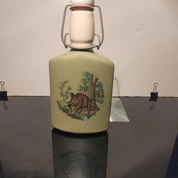 Vintage German Ceramic Drinking Flash Bottle Pastel Green Earthenware With Stopper 8" 