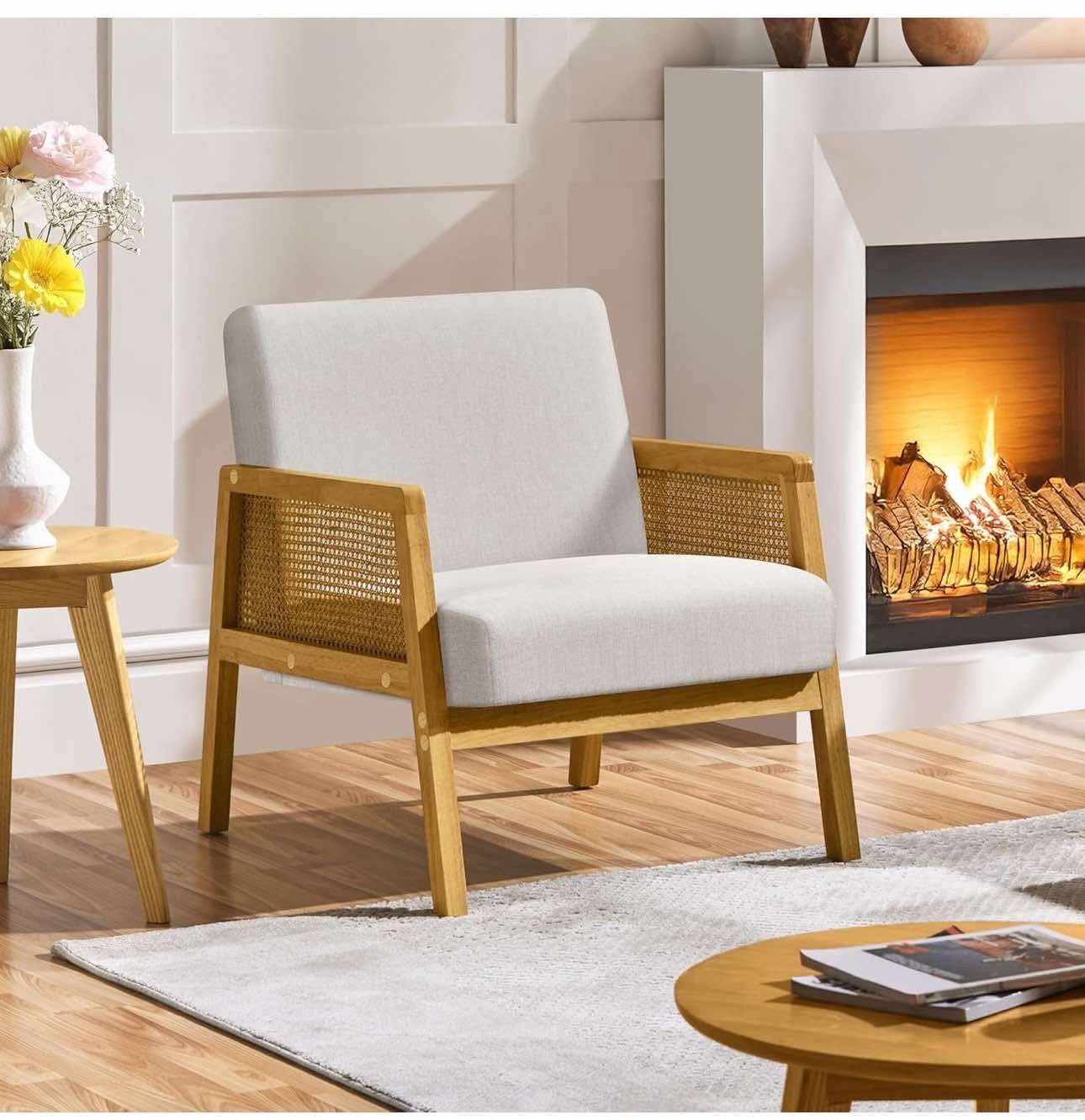 Beige Accent Chair, Armchair with Wood Legs, Mid Century Living Room Chair, , W-2