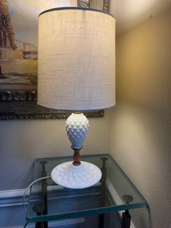 White milk glass table lamp diamond- quilted pattern and wooden stem