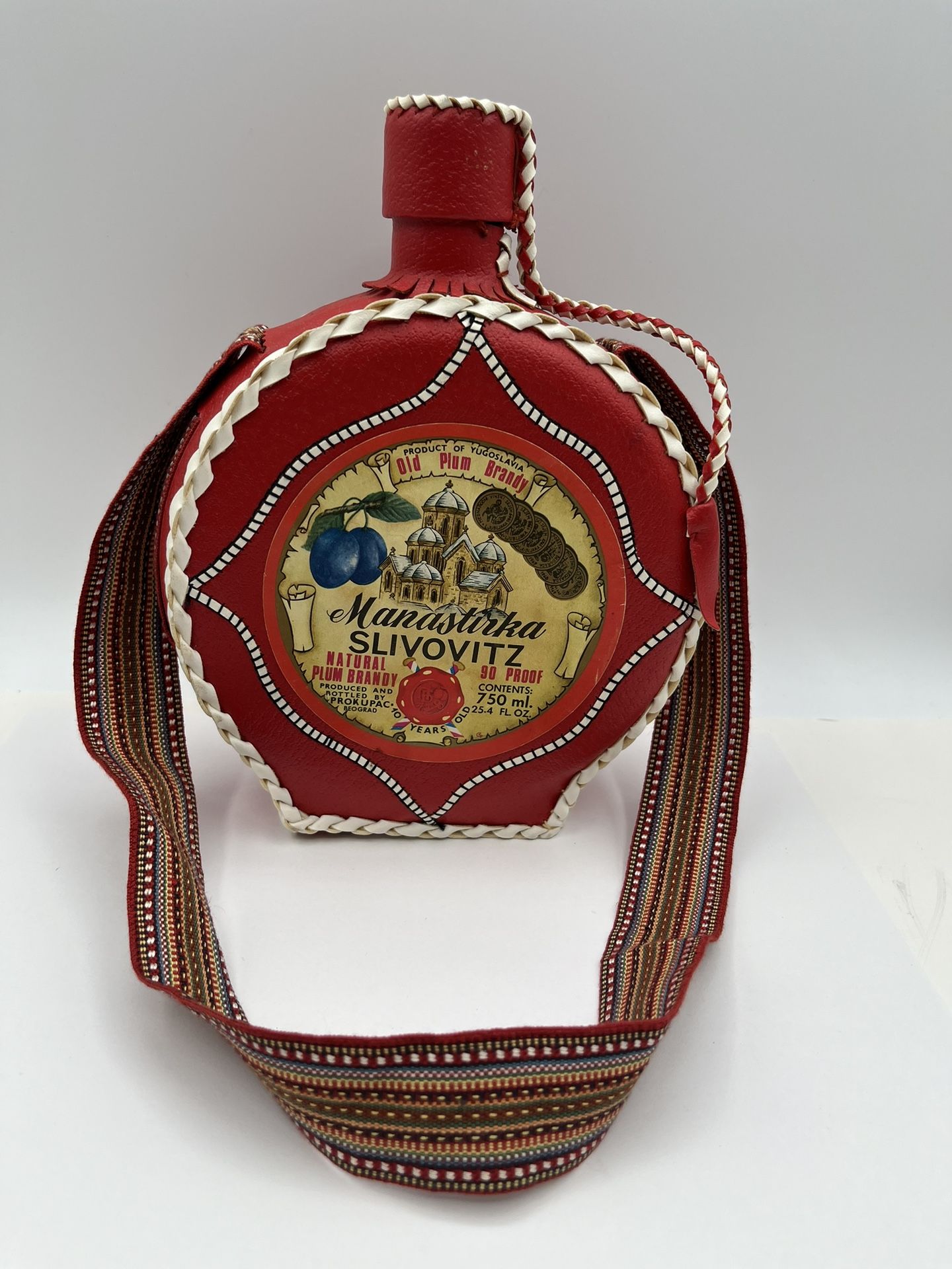 Old Plum Brandy Manastirka Slivovitz. Leather Wrapped. Produced And Rotted By Prokupac Beograd. Empty Bottle.